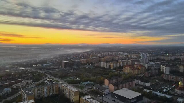 Uzhgorod old city landscape with houses roofs in Zakarpattya Ukraine of the foggy during sunrise view