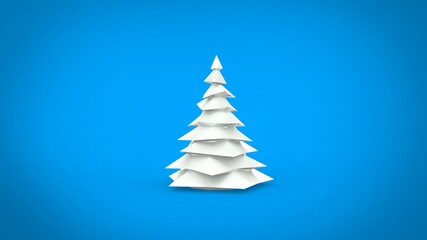 Low poly white christmas tree 3d render illustration on blue background