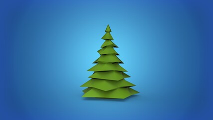 Low poly green christmas tree 3d render illustration on blue background