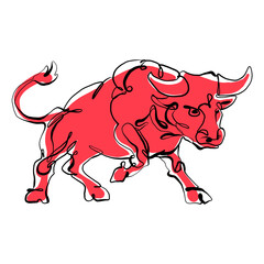 Continuous one line drawing of bull symbol of the Chinese New Year. 2021, the year of the bull. Red cow