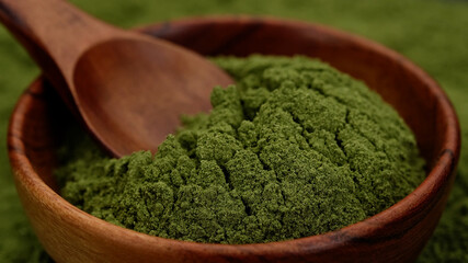 superfoods chlorella or spirulina powder in wooden bowl. green powder