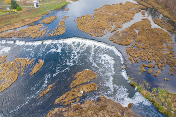 Aerial view of Venta Rapid (Ventas Rumba) waterfall. Widest waterfall in Europe located in Kuldiga
