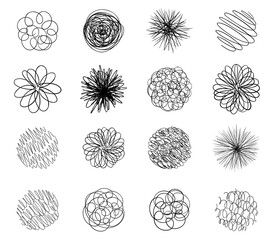 Round tangled line set pattern sketch. Pen Hatched drawing picture. Hand drawn vector. Abstract background. Black outline.