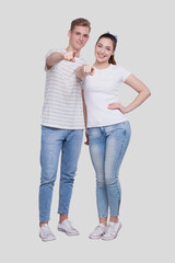 Couple Pointing to Camera Standing Isolated. Man and Woman Pointing, Lovers, Friends, Couple Concept