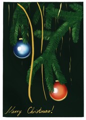 Soviet inspired retro Christmas card. Two Christmas balls hanging of the pine tree branches with some garland. Art Deco or old fashioned style. Text Merry Christmas in the corner.