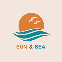 abstract icon of sun and sea with seagulls isolated