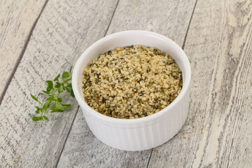 Peeled hemp seeds in the bowl