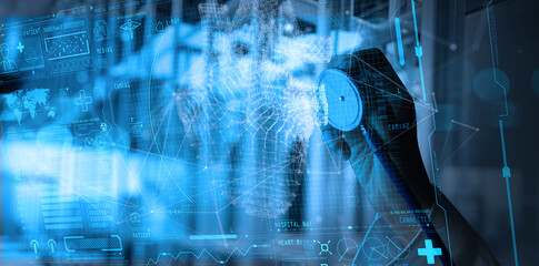 Medical technology diagnostics of heart concept.Medicine doctor hand and stethoscope working with Ui heart and diagnostics analysis medical treatment.
