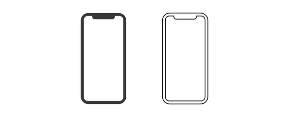 Smartphone blank screen, phone mockup. Black, line. Vector illustration isolated on white background.