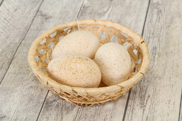 Three big raw turkey egg