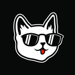 Cool White Cat Face Wearing Glasses With Tongue Out Vector Illustration - Vector