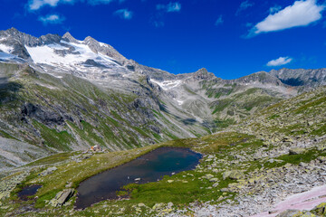 Mountains and peaks landscape covered with glaciers and snow, natural environment. Hiking in the Dreil�er Tour. Hohe Tauern Austrian Alps, Europe