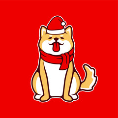 Inu Shiba Dog Tongue Out Sitting With Christmas Costume, Wearing Santa Claus Hat, Muffler, For Christmas Day and New Year Vector Illustration - Vector