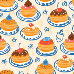 Hanukkah seamless pattern design with hand drawn traditional donuts