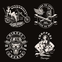 A set of vintage biker illustrations for logo templates or shirt prints on dark background