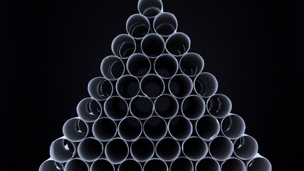 Empty toilet paper rolls on black background. Pyramid of hygiene items, empties toiletries exhausted during Covid-19 coronavirus epidemic lockdown. Empty stocks at quarantine and self-isolation.