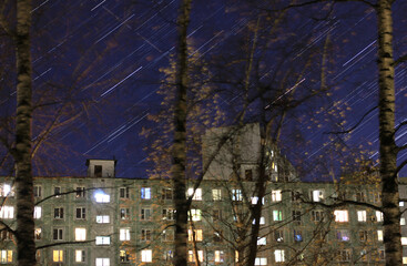 Colorful explosive starry sky over Moscow 