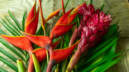 Beautiful bouquet of tropical exotic flowers. Close-up shot of Heliconia rostrata floral arrangement from rainforest or garden. Leaf background with Bird of paradise and Lobster Claw fern.
