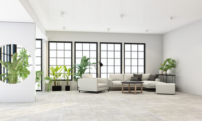 Interior concept of memphis design, grey fabric Armchair and sofa set surrounding by green plant on black frame window and sunlight 3d rendering