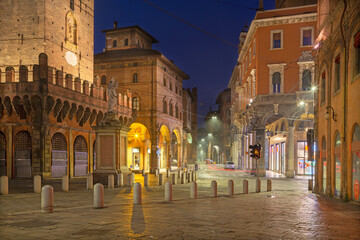 Bologna - The panorama of square Piazza della Mercanzia at dusk.