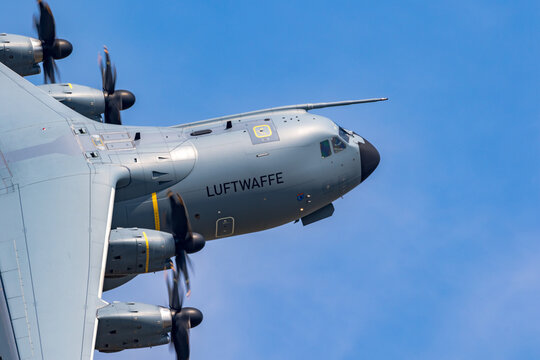 German Air Force Luftwaffe Airbus A400M military transport plane in flight.