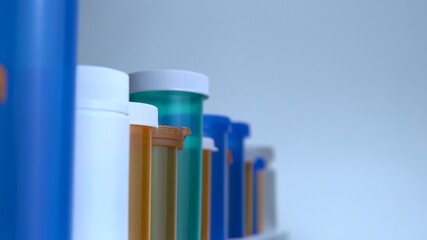 Fototapeta premium Extreme macro view of pharmaceutical generic prescription drugs and pills bottles on the pharmacy table top. Pharma companies developing potential coronavirus antiviral concept.