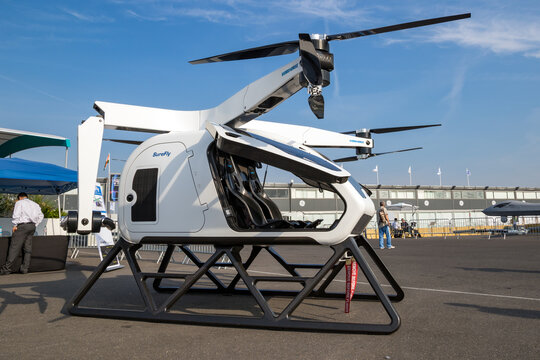 Workhorse SureFly two-seat hybrid eVTOL aircraft on display at the Paris Air Show. 