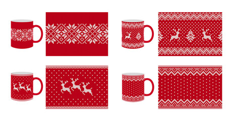 Knit seamless pattern. Christmas texture. Vector. Set knitted background . Red festive fair isle print. Holiday winter border design. Wool illustration. © Iryna