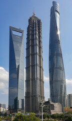 View of Shanghai Tower, the Jin Mao tower and the Shanghai World Financial Center. These 3 buildings are called the 3 sisters of Lujiazui