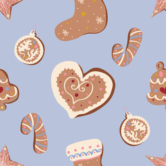 Cute Christmas vector seamless pattern with gingerbread cookies on pastel blue background. Winter holidays, sweet, for kids, festive, Christmas treats, cookies, new year, Christmas market