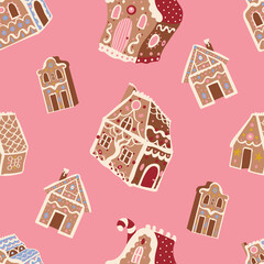 Cute Christmas vector seamless pattern with gingerbread houses on pastel pink background. Winter holidays, sweet, for kids, festive, treats, cookies, new year, Christmas market