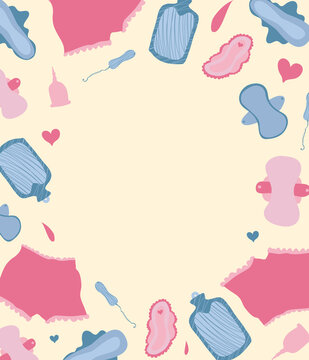 Circular vector frame with blue and pink reusable sanitary pads, menstrual cups, tampons, hot water bottles, hearts and drops on yellow background. Menstruation, period, comfy
