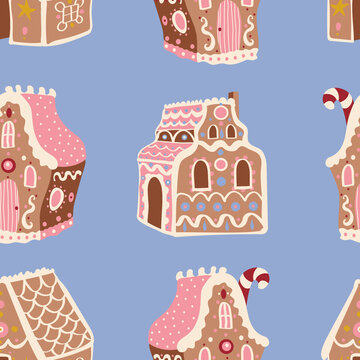 Cute Christmas vector pattern with gingerbread houses on pastel blue background. Winter holidays, sweet, for kids, festive, treats, cookies, new year, Christmas market