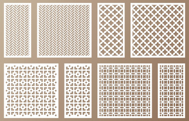 Laser cut ornamental panels with geometric pattern. Vector decorative lace ornaments.