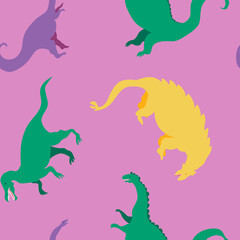 Cute vector seamless pattern with colorful dinosaurs and bananas on pink background. Cool dinos, for kids, kawaii reptiles with fruits, velociraptor, brontosaurus.