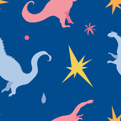 Obraz na płótnie Canvas Cute vector seamless pattern with colorful dinosaurs and stars on dark blue background. Cool dinos, for kids, kawaii reptiles with stars, velociraptor, brontosaurus.