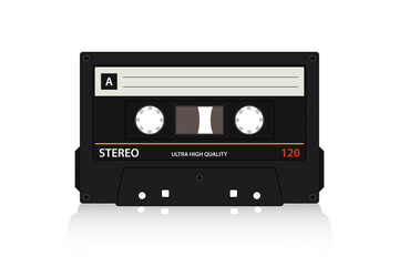 Vector illustration of compact cassette. Analog media with magnetic tape for listening music in a tape recorder.