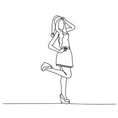 Beautiful woman with Santa Claus hat. One line drawing. Vector illustration continuous line drawing. Christmas style
