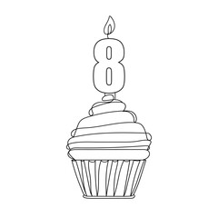 Number eight birthday or holiday celebration cupcake. One line drawing. Vector illustration continuous line drawing. Sketch.