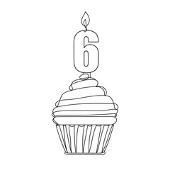 Number six birthday or holiday celebration cupcake. One line drawing. Vector illustration continuous line drawing. Sketch.