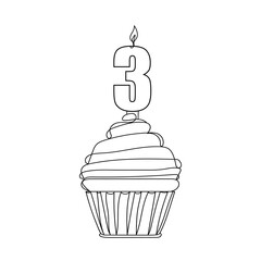 Number three birthday or holiday celebration cupcake. One line drawing. Vector illustration continuous line drawing. Sketch.