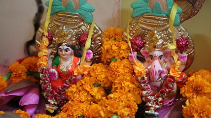 Allahabad, Uttar Pradesh/India- November 12 2020: Place of worship for Hindu god- Laxmi and Ganesha.