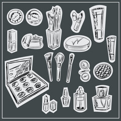 Cosmetic brushes, ball blush, eyeshadow, powder, concealer, lipstick, cream, skin serum, nail polish. Perfume bottle, eau de toilette, fragrance. Beauty shop, beauty box. A set of decorative and care