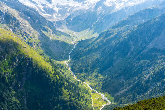 Gorgeous nature of the rainbach Valley in summer. It is a valley of the austrian Alps, of richterspitze and reichenspitze and zillerspitze on glacier rainbachkees, Hohe Tauern Austrian Alps, Europe
