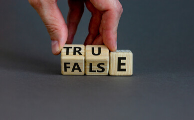 False or true. Male hand flips wooden cubes and changes the word 'false' to 'true' or vice versa. Beautiful grey background, copy space. Business and false or true concept. - obrazy, fototapety, plakaty