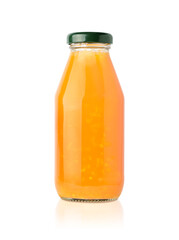 100% Natural tangerine orange juice with sacs in glass bottle isolated on white background. Clipping path.