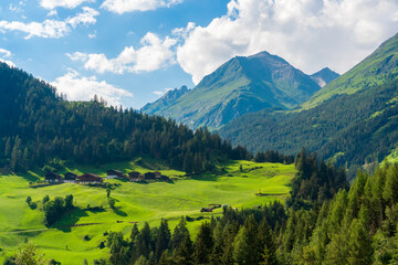 Obraz premium Mountain valley village landscape in Venediger alps . Mountain green valley village view austria near matrei in osttirol