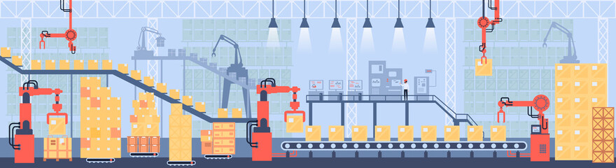 Automated sorting and product control, warehouse, conveyors, industrial robots. Product distribution and delivery logistics.