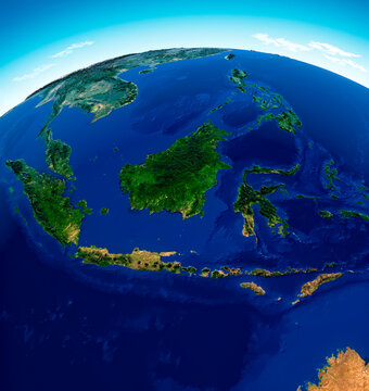 Globe map of the Indonesia, physical map Southeast Asia, map with reliefs and mountains and Pacific Ocean, atlas, cartography. Satellite view. 3d render. Element of this images are furnished by Nasa