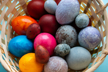 Basket with colorful Easter eggs.The Concept Of Easter